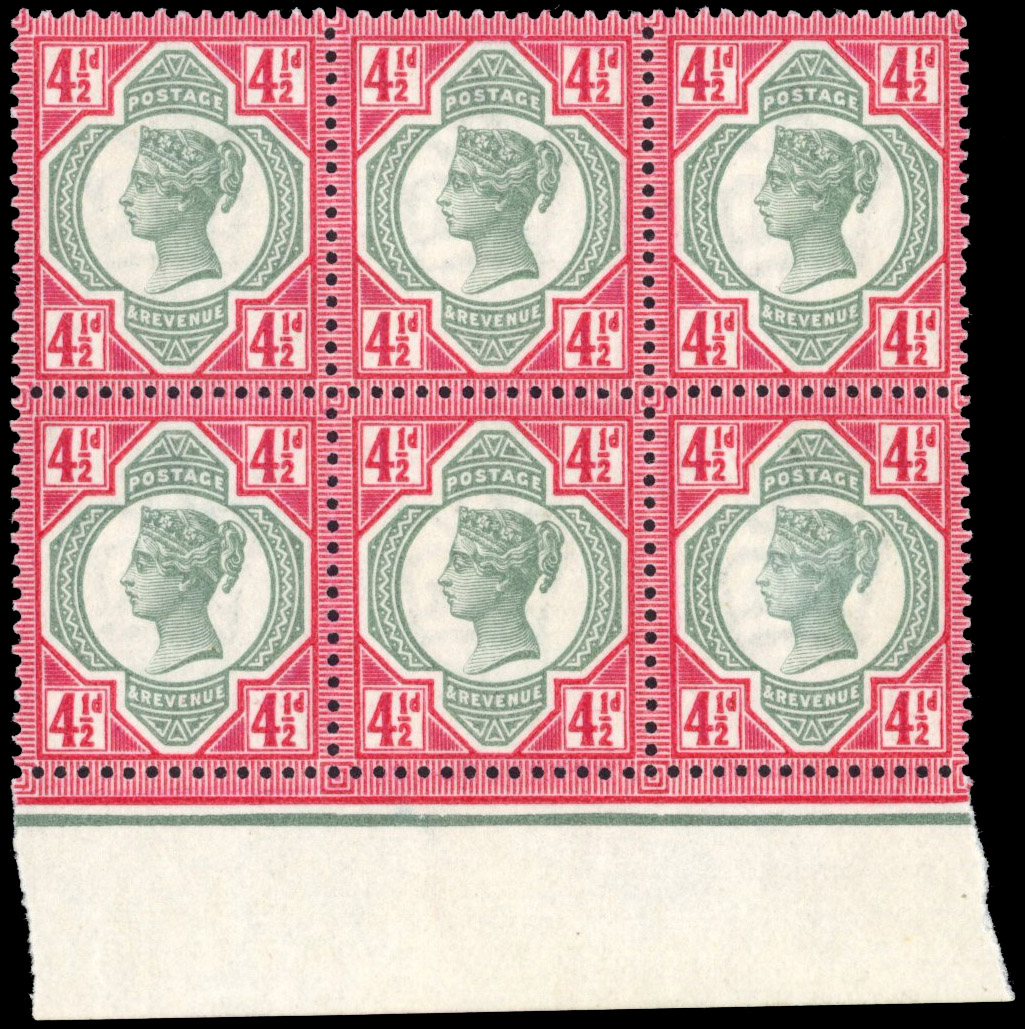 Great Britain 1887-92 4½d green & deep bright carmine block of six SG206a