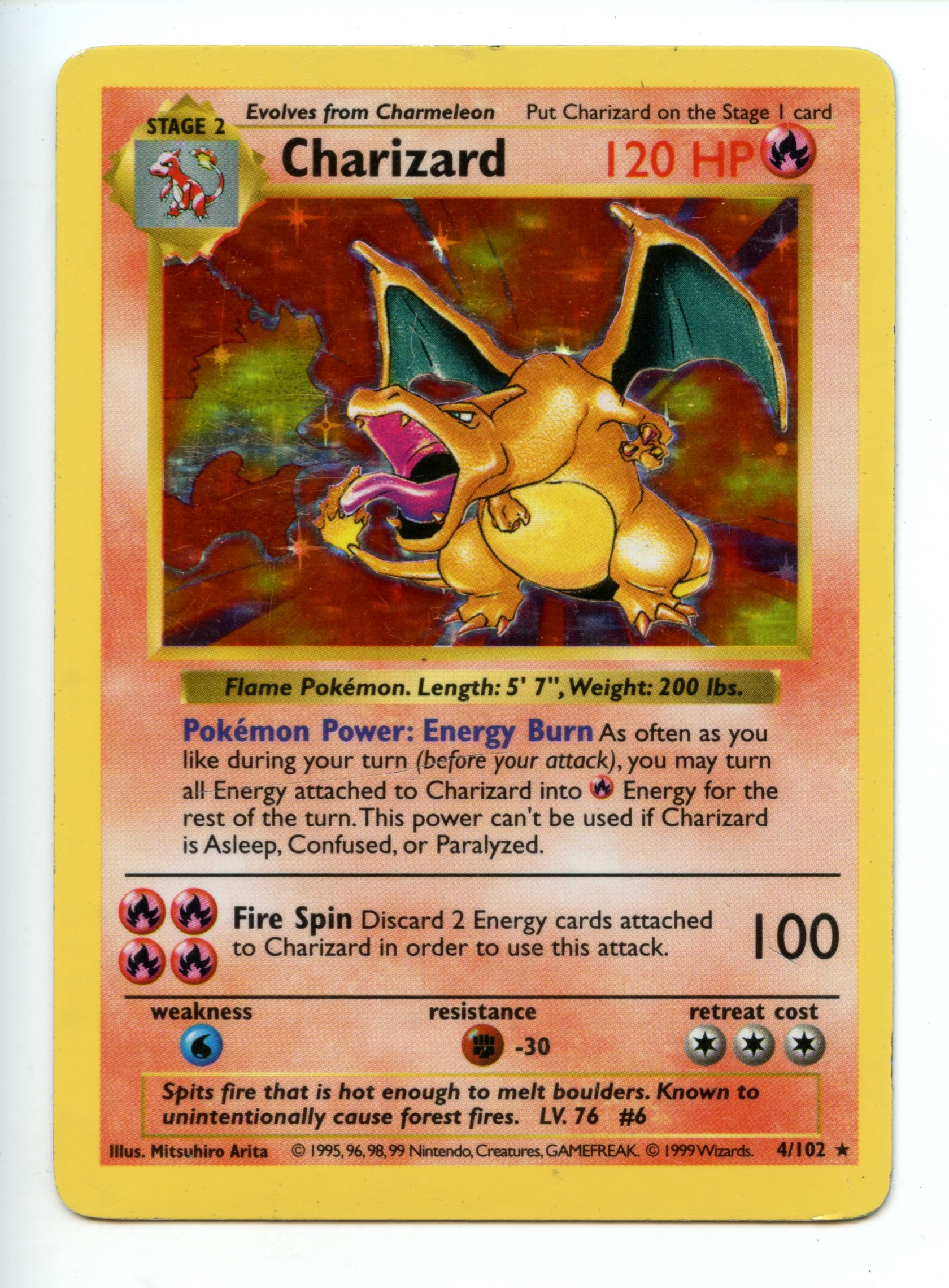 Pokemon TCG  - Charizard  HOLO  - Base Set Shadowless - Heavily Played 