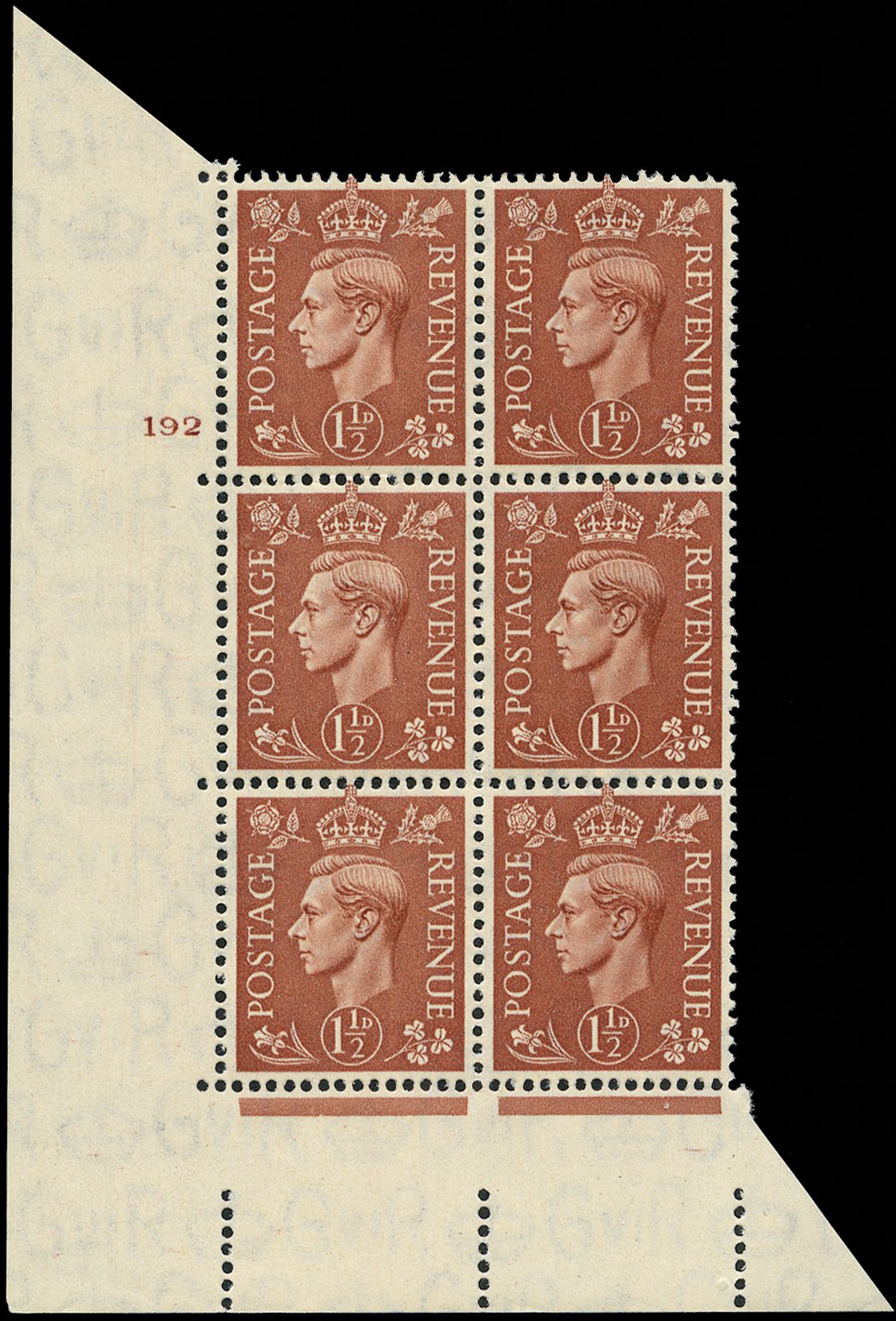 1942 1½d pale red-brown lower l/h corner marginal plate '192' no dot block of 6 (2 x 3) showing R19/1 'Retouched forehead'...