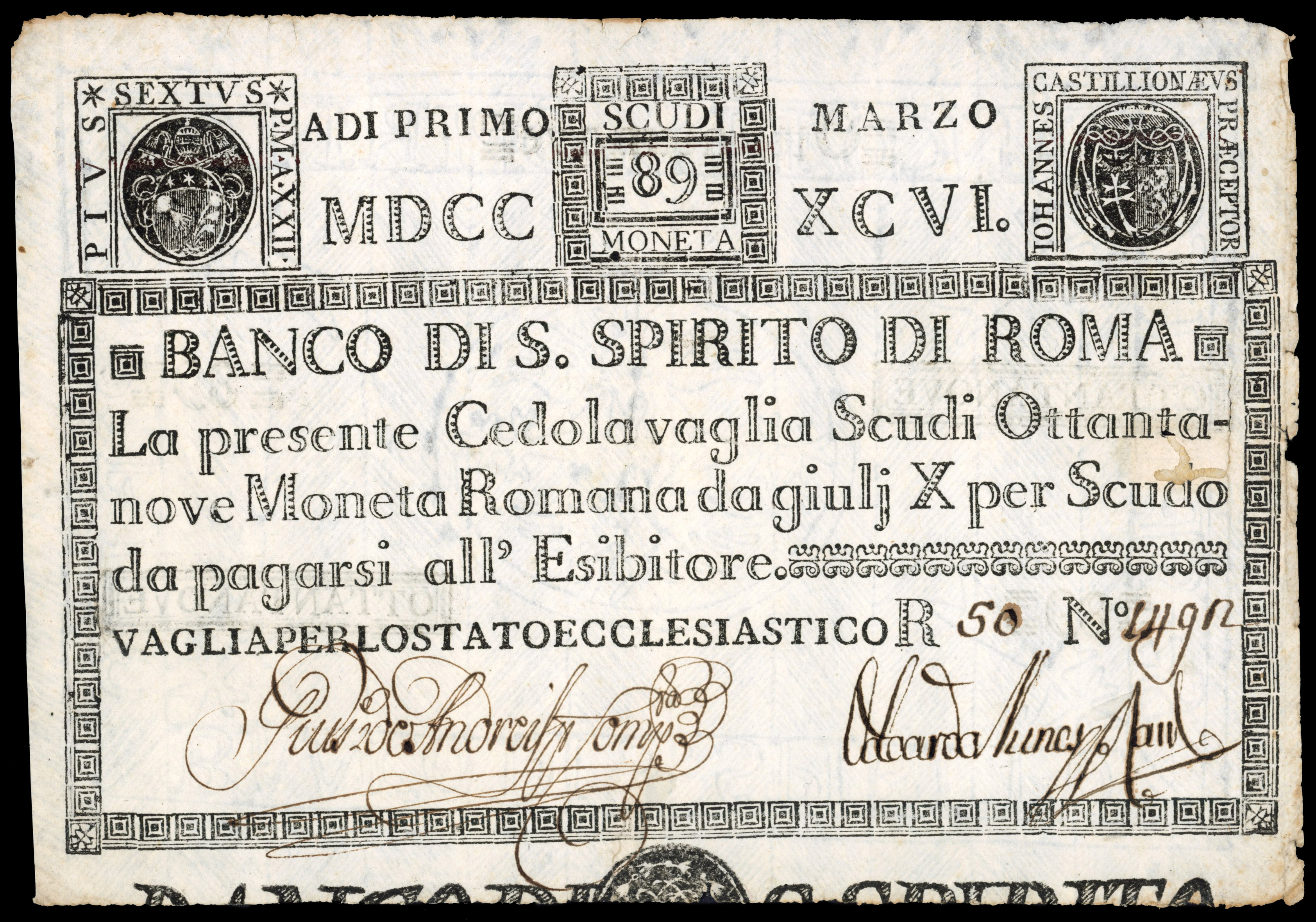 Italy, Papal States, Banco di S. Spirito di Roma, 1785-95 issue, 89 scudi, with black print, on parchment like…