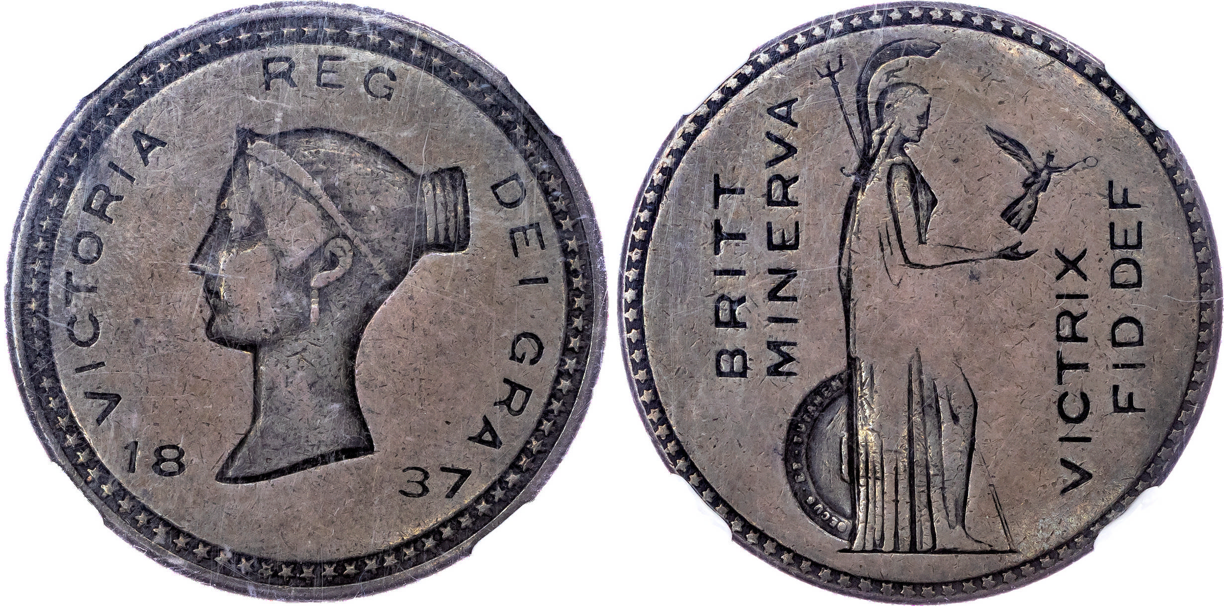 Victoria (1837‐1901), Pattern 'Bonomi' Crown, 1837 (1893). By J. Bonomi and T. Pinches for J. Rochelle Thomas. NGC VF25