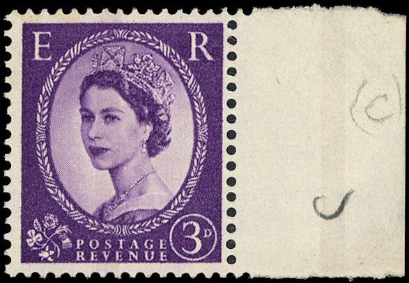Trial: 1959 3d deep violet, "Dollis Hill phosphor trial" (SG 575var/Spec ST7(3)a) 2mm blue phosphor centre band, printed...