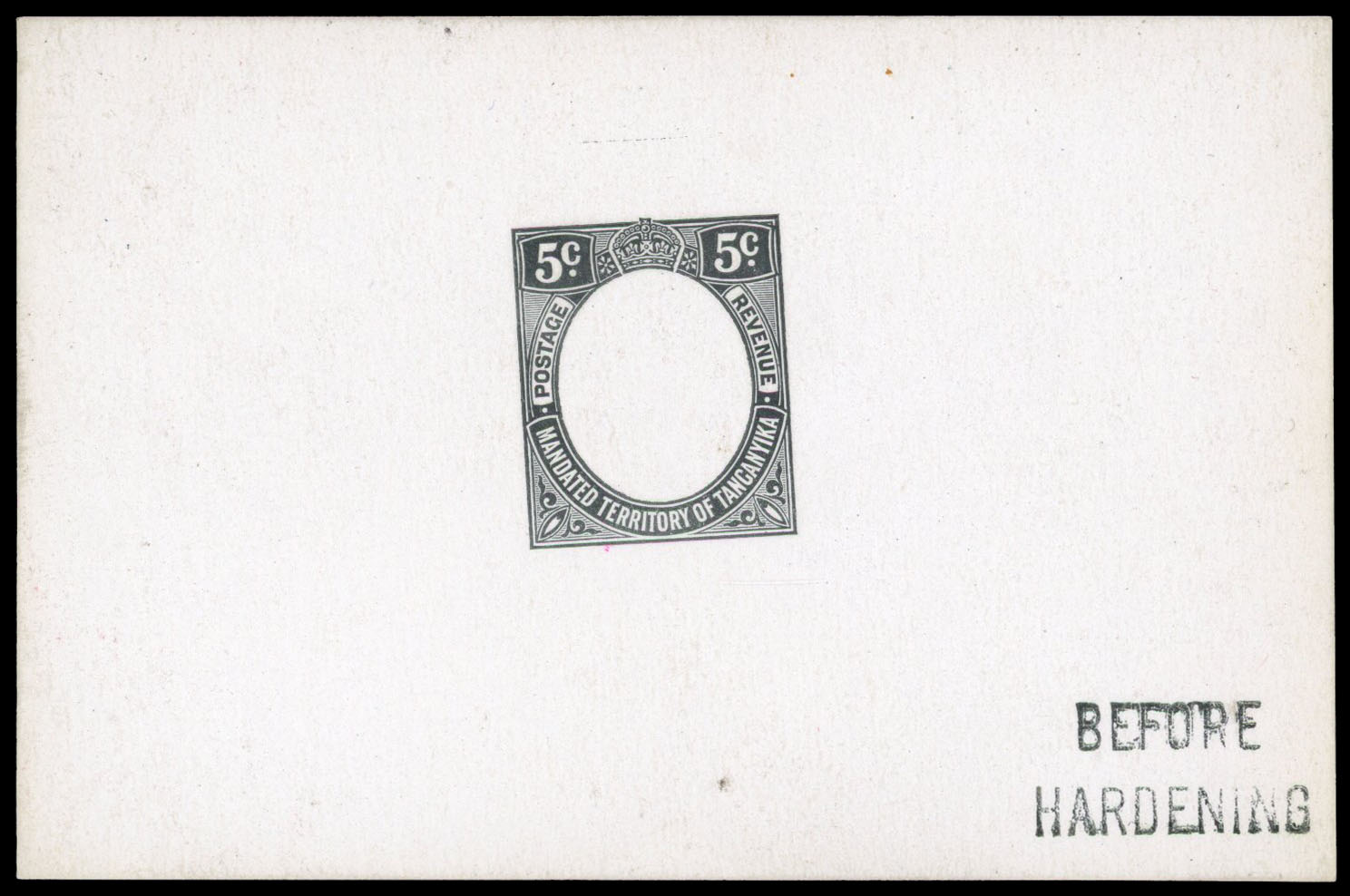 1927-31 5c De La Rue frame die proof in black on glazed card, endorsed “BEFORE HARDENING”. Fine.
