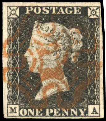 1840 1d grey-black, plate 1A (MA), four margins, cancelled by red MC