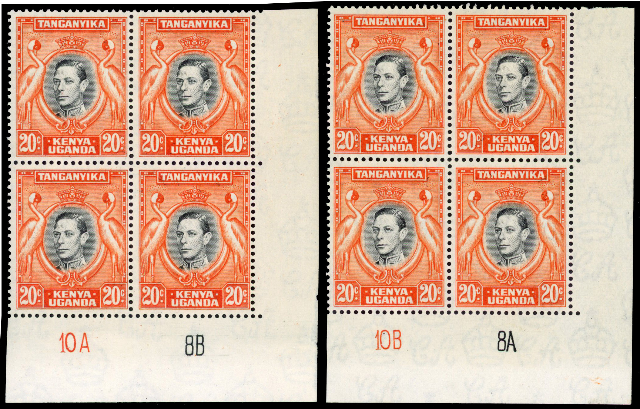 KUT SG 139ba 1951 20c Plate blocks mint