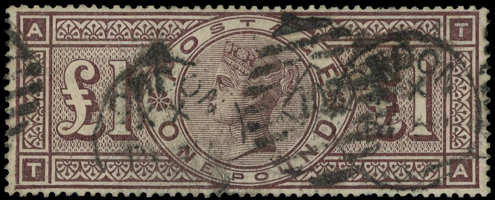 1888 £1 Brown-lilac Pl.2 (Wmk. Orbs). Good used example lettered TA showing frame break varieties by lower ’T’ corner sq…