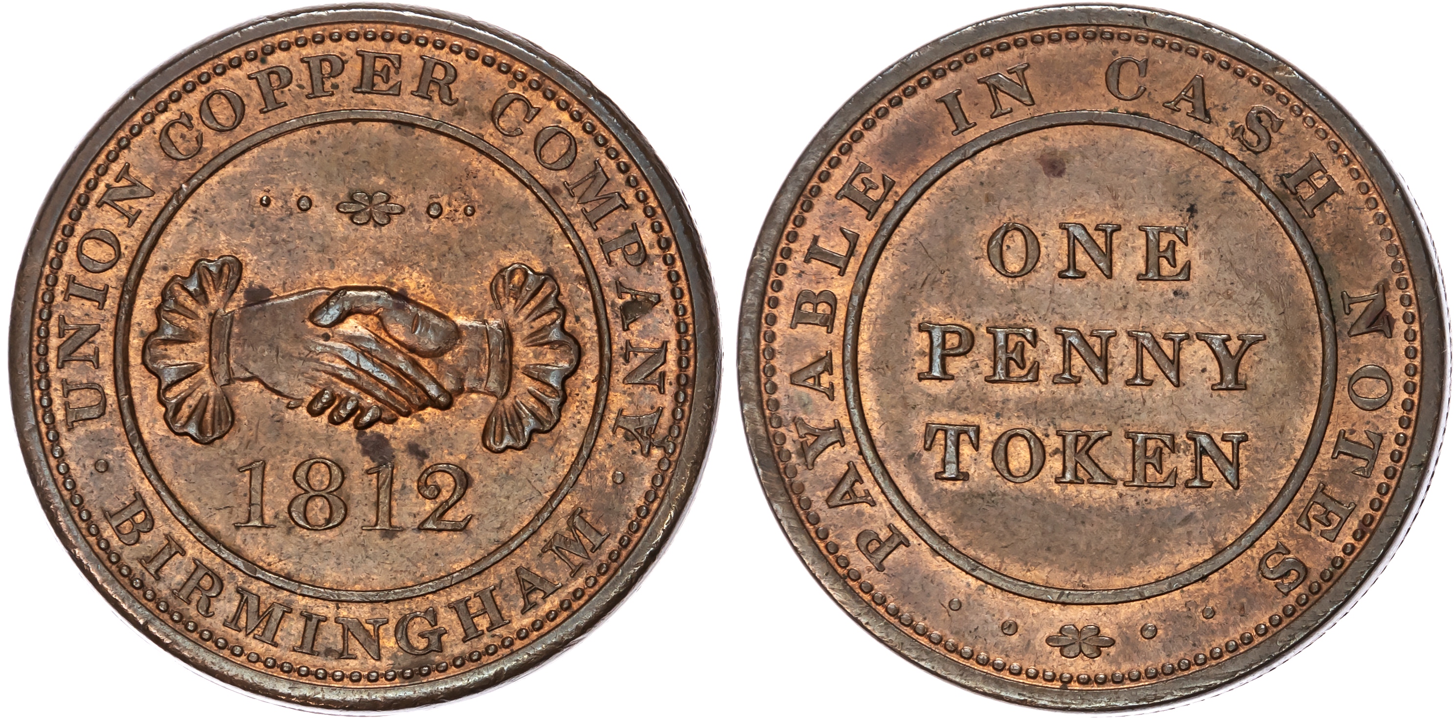 BIRMINGHAM & RISCA, Warks. & Mons. Union Copper Co Penny 1812, Another but different clasped hands and rev. PA…