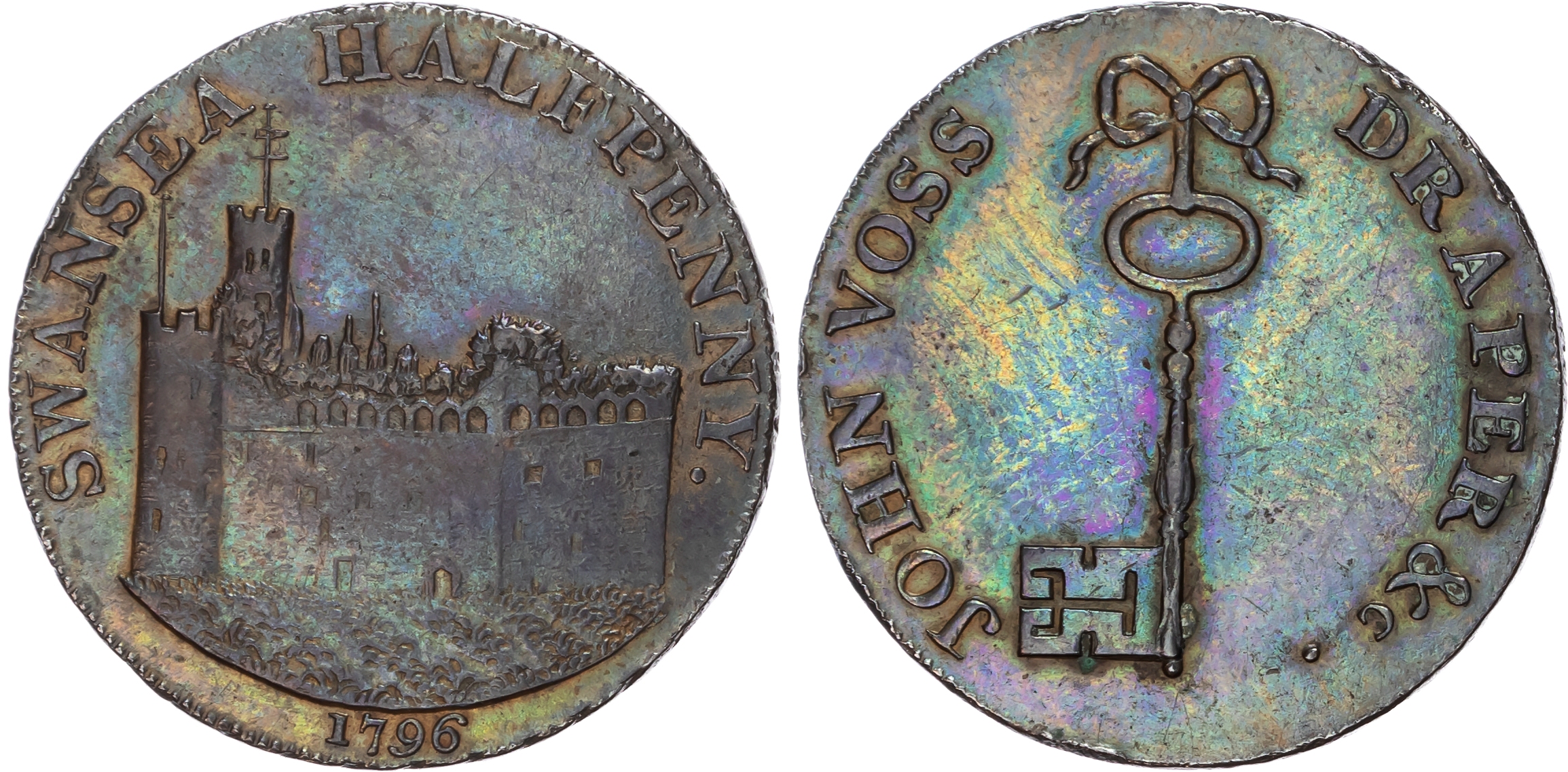 Glams. Swansea , John Voss (draper) Halfpenny 1796, View of castle, rev . key on ribbon, edge PAYABLE ON DEMAN…