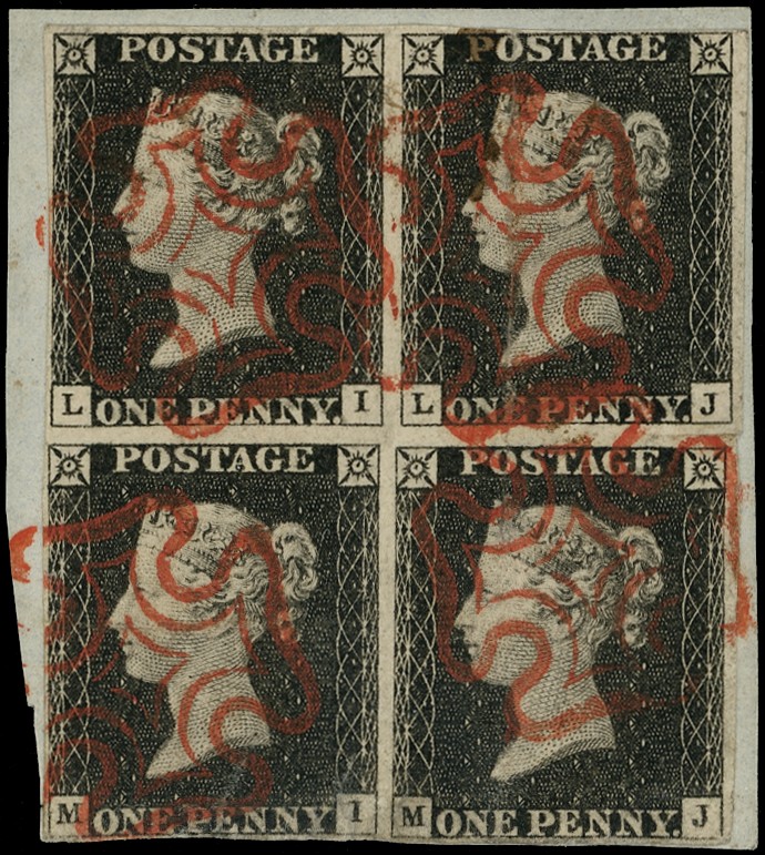 1840 1d black Plate 2 (LI-MJ) touching to good margins, block of four, on...