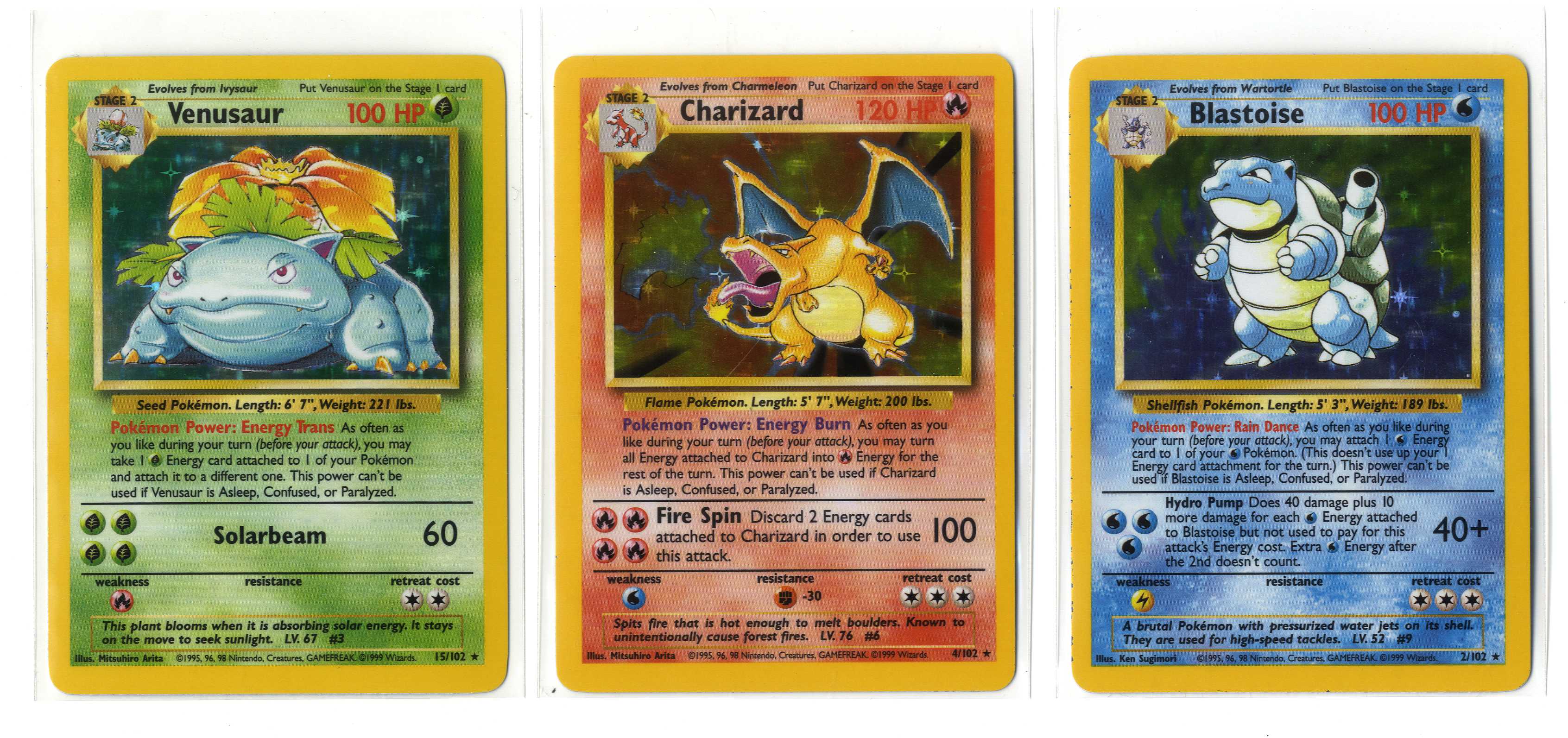 Blastoise #2 // Charizard #4 // Venusaur #15 - Base Set Unlimited (4th Print, VLP/NM)