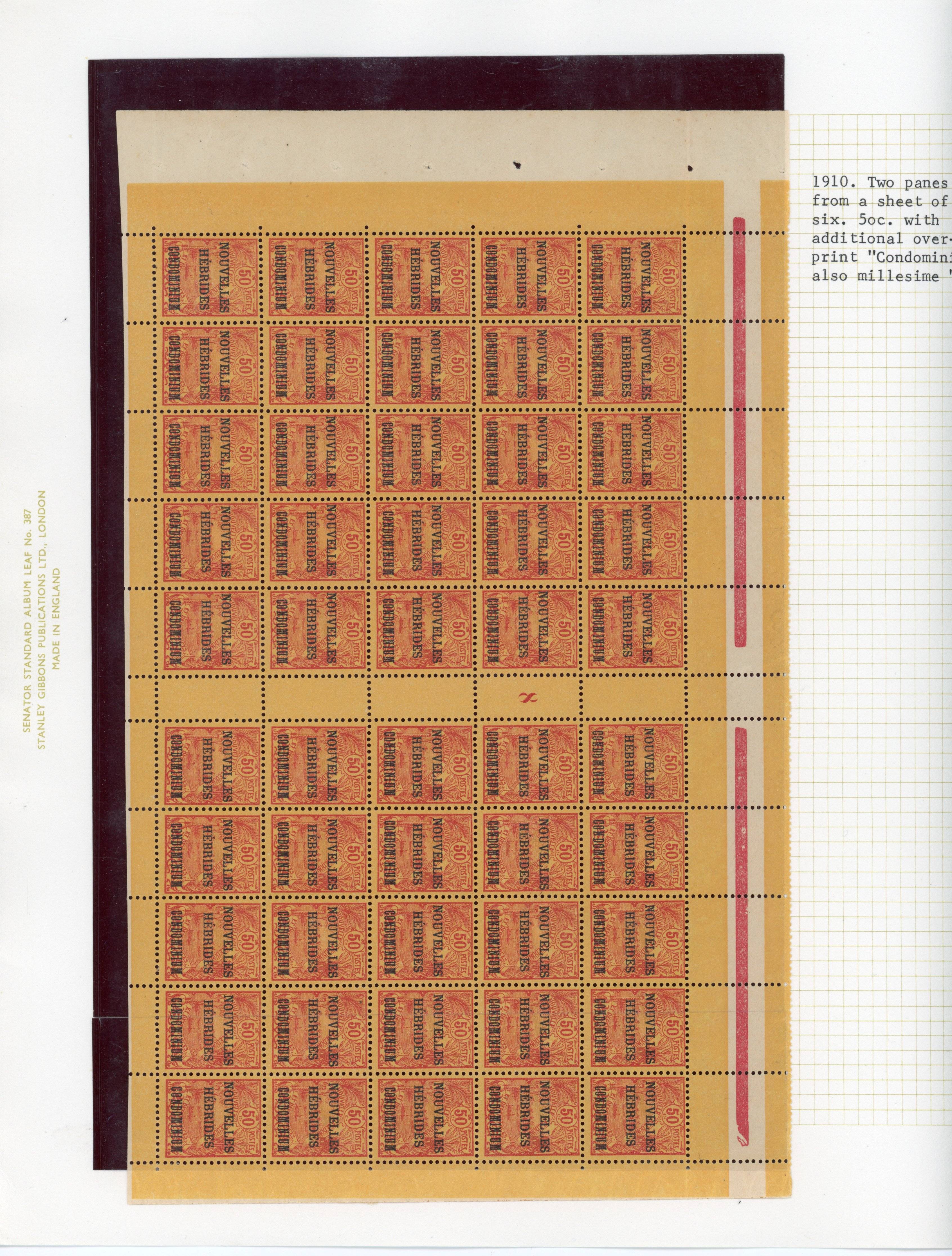 New Hebrides 1924 surcharge group of three to conform to UPU colours used plus two panes