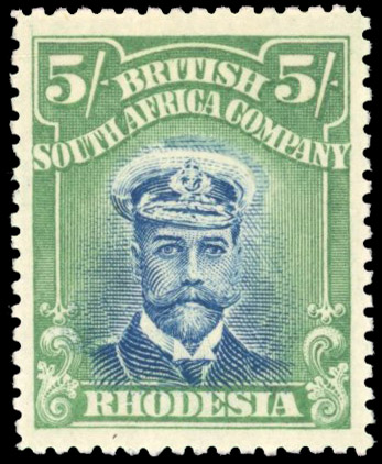 Rhodesia 5/- SG 251 hand-painted retouch above cap mint