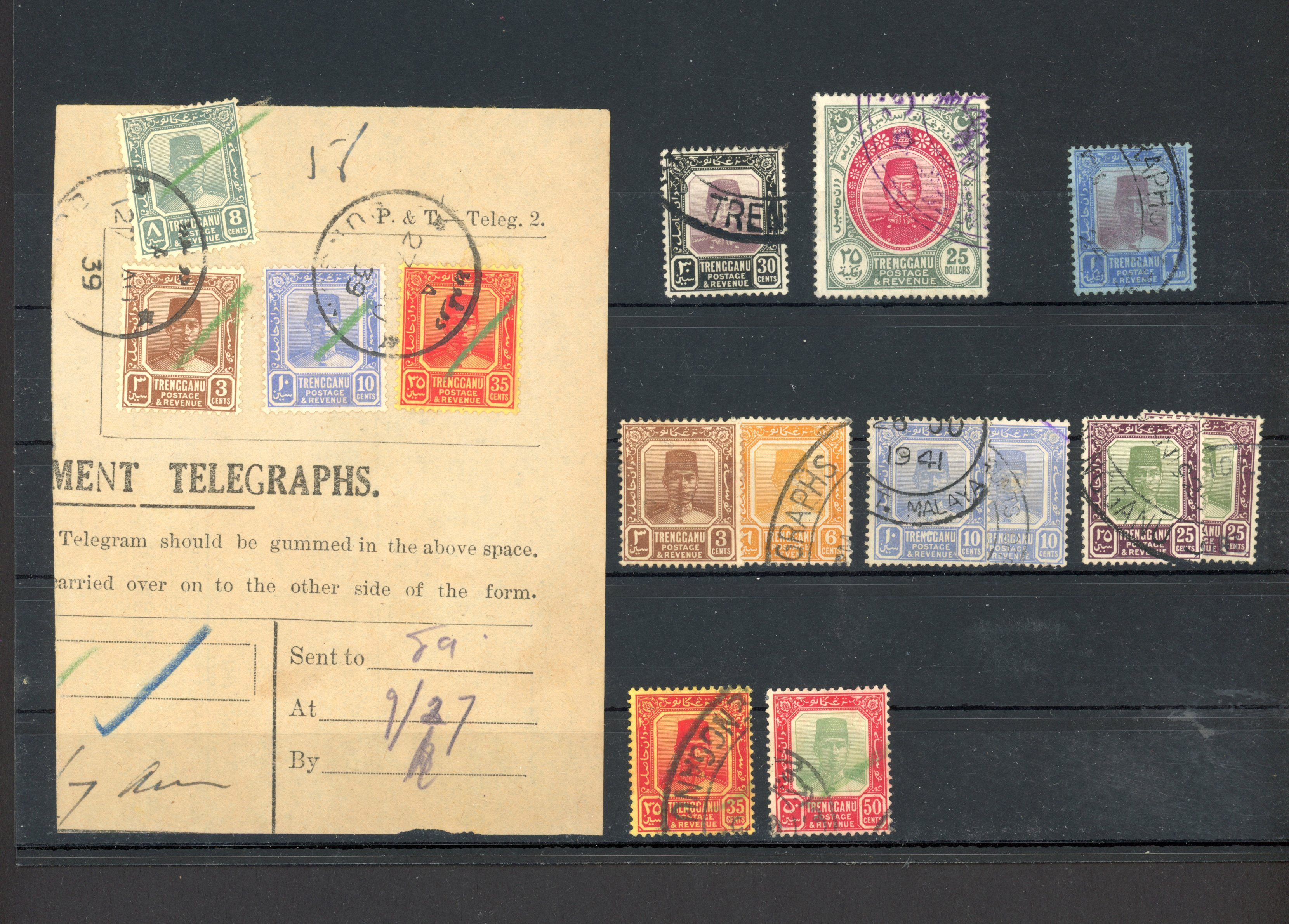 Trengganu Revenue use of postage stamps 1910-65