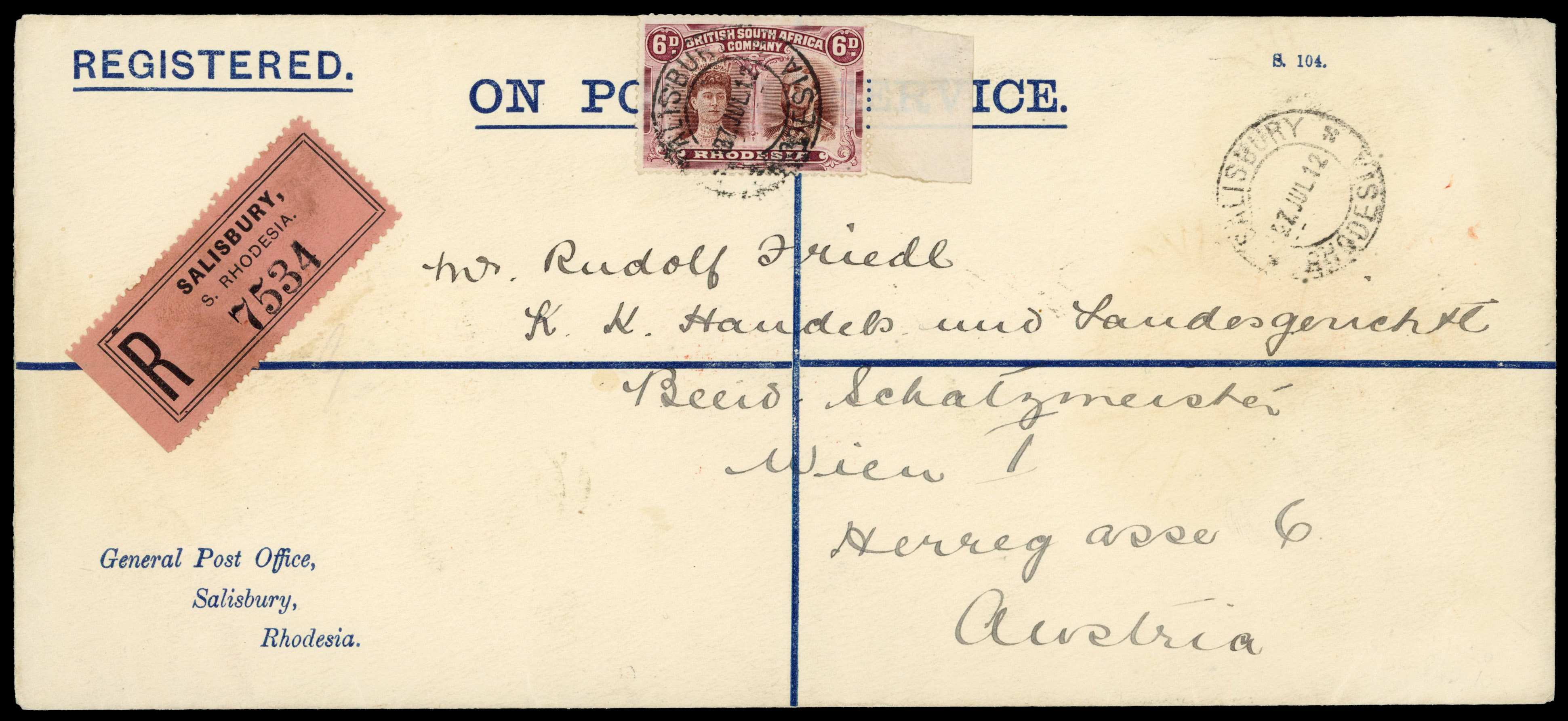 Rhodesia 1912 registered cover to Austria