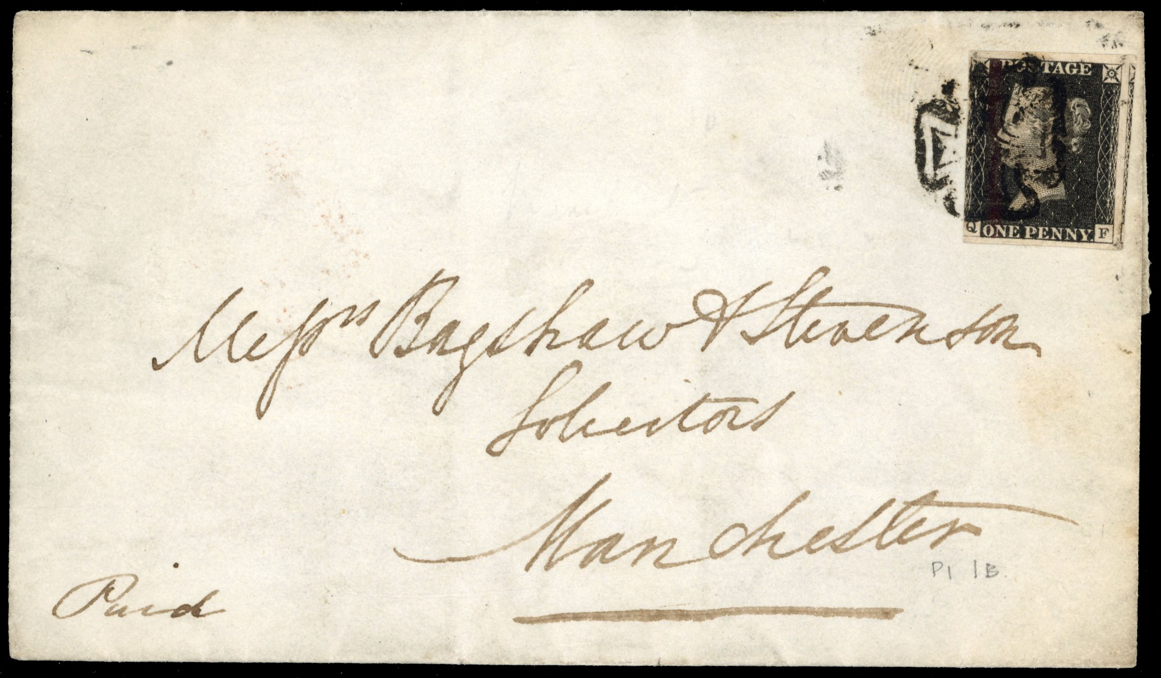 GB 1841 1d black Plate 1b Manchester Fishtail Cross on cover