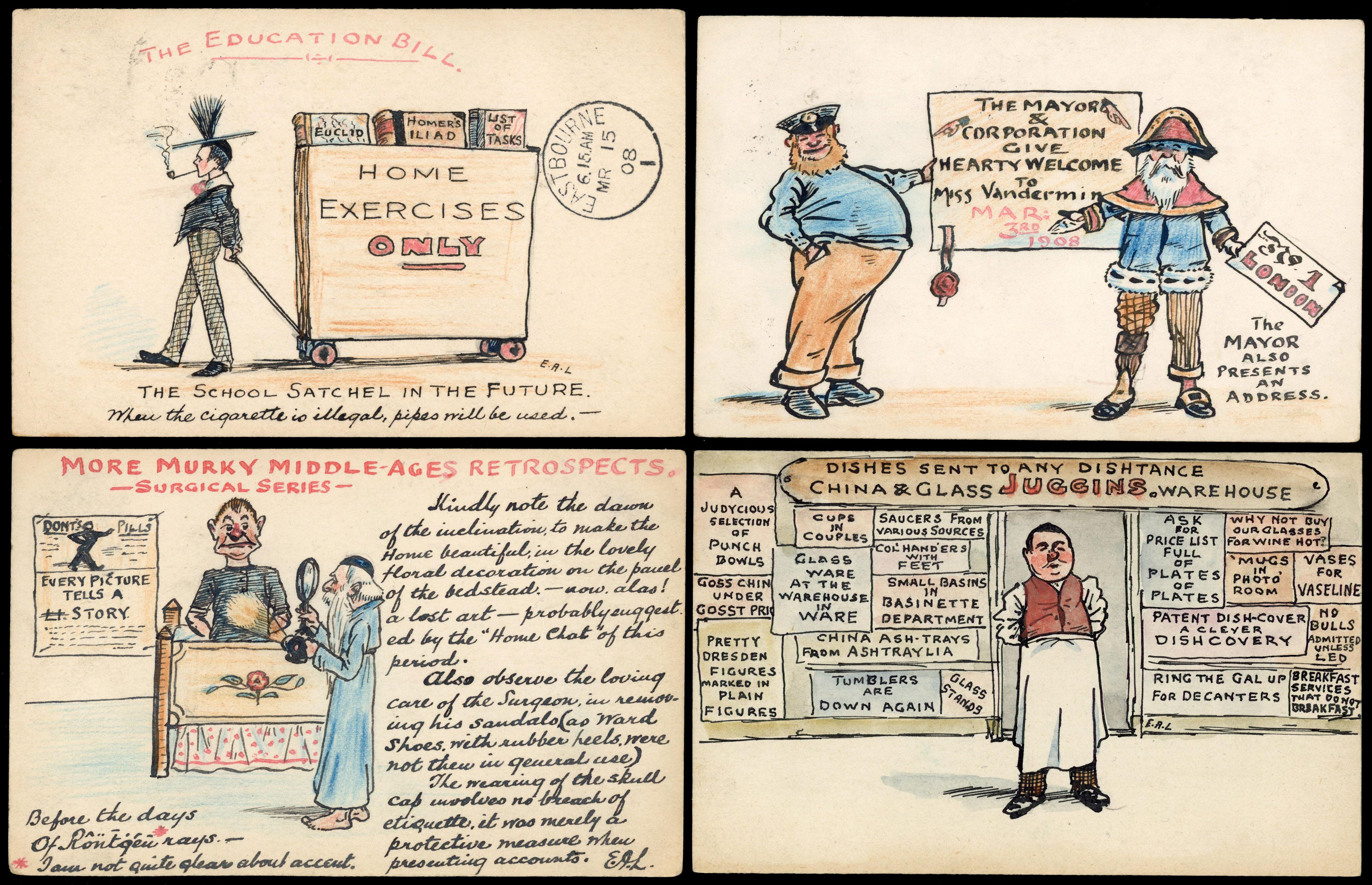 1908-11 wonderful selection of sixty used hand-painted humorous postcards by Edgar A Lambert addressed to Miss Vandermin