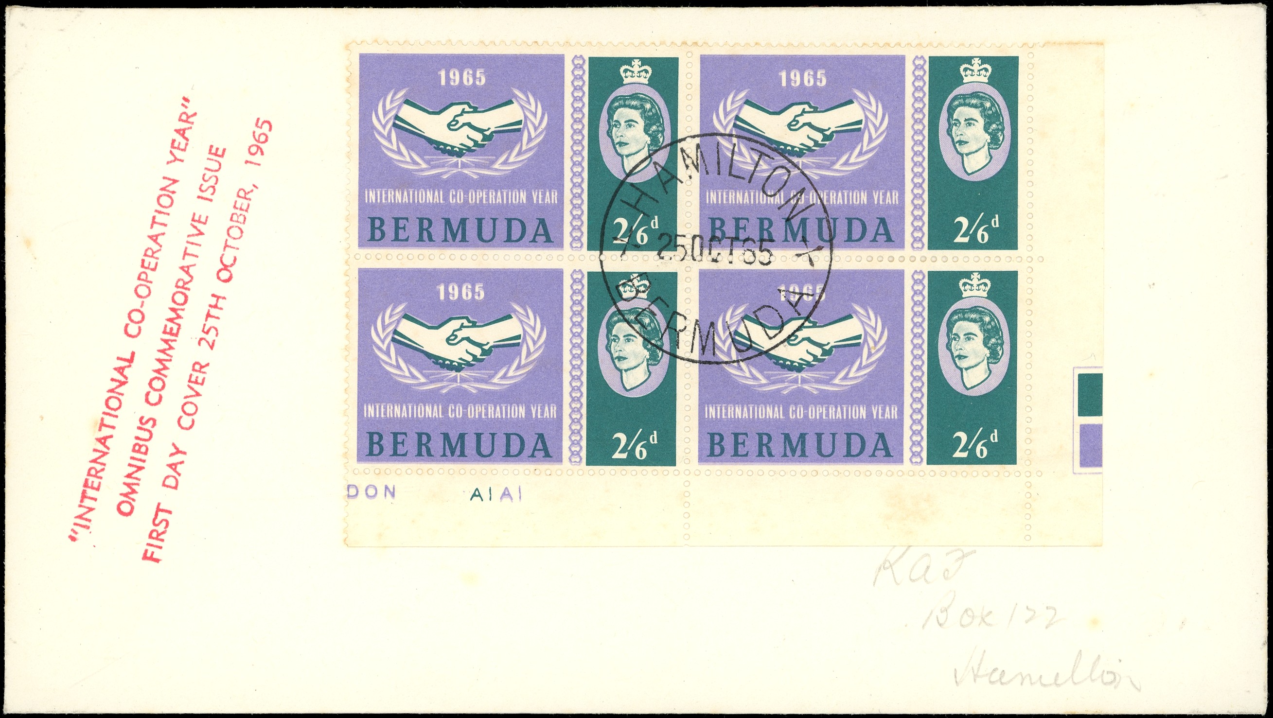 Bermuda 1965 (25 Oct) 2s6d, lower right corner plate block of four, variety ‘LAVENDER PRINTED DOUBLE’, neatly cancelled by...
