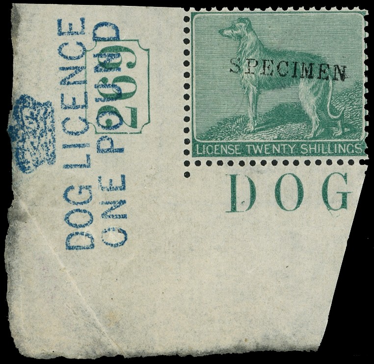 Dog Licence: 1865 wmk Shamrock 20s green, fresh...