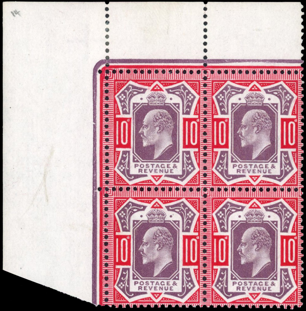 Great Britain 1902-10 10d dull purple and scarlet block of 4, u/m, Spec. M43(5), SG 256