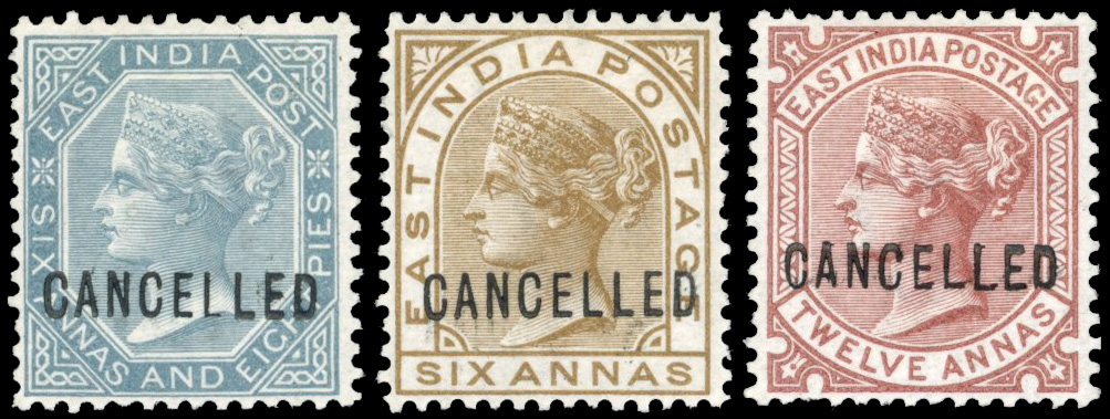 India 1866 SG 72, 80, 82 1866 6a8p slate, 6a olive-bistre, 12a Venetian red CANCELLED