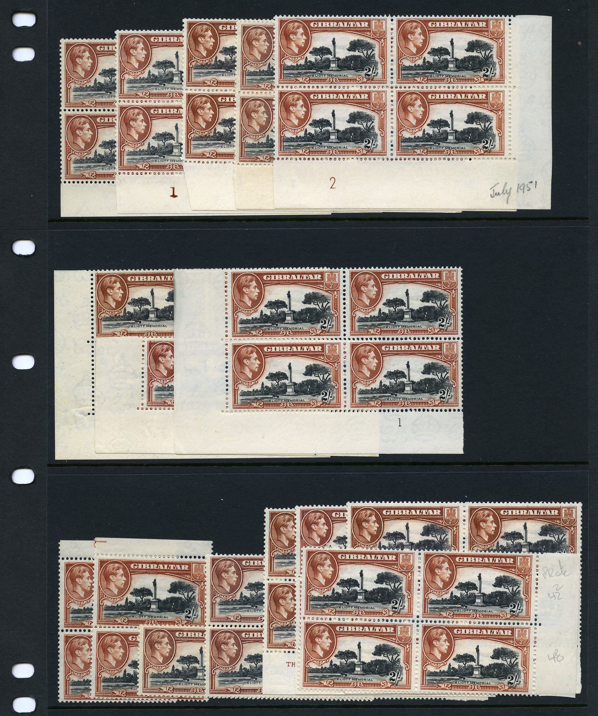 1942-51 2/- perf 13 mint multiples with...