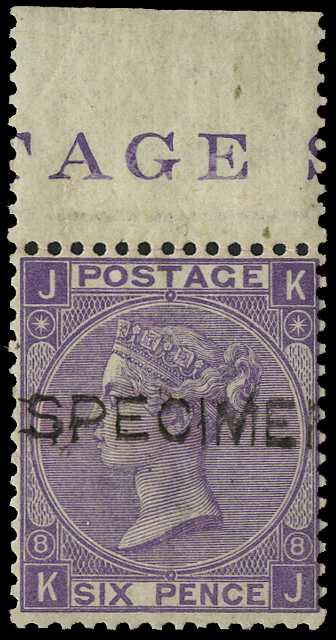 1869 6d mauve Plate 8 (KJ), top marginal...