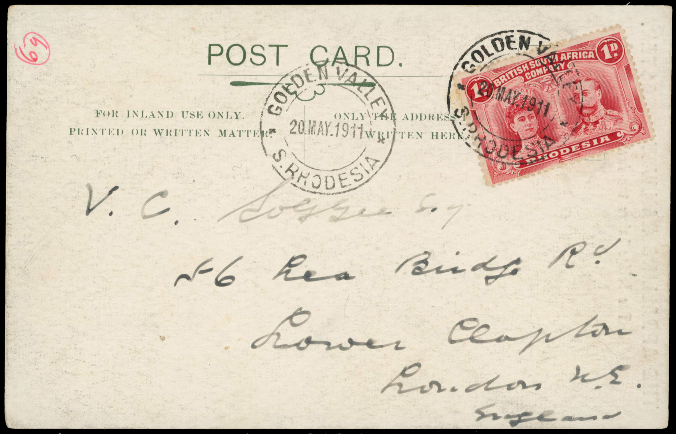 1d carmine on ppc to London, tied by Golden Valley DC