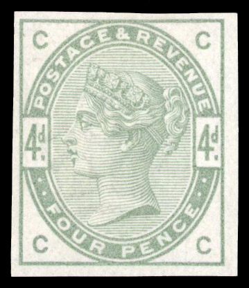1884 4d Dull green ‘Unified’ issue. Unused large part o.g. imperforate example lettered CC