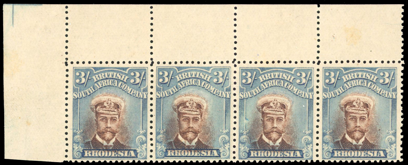Rhodesia 3/- SG 236b corner strip of four mint