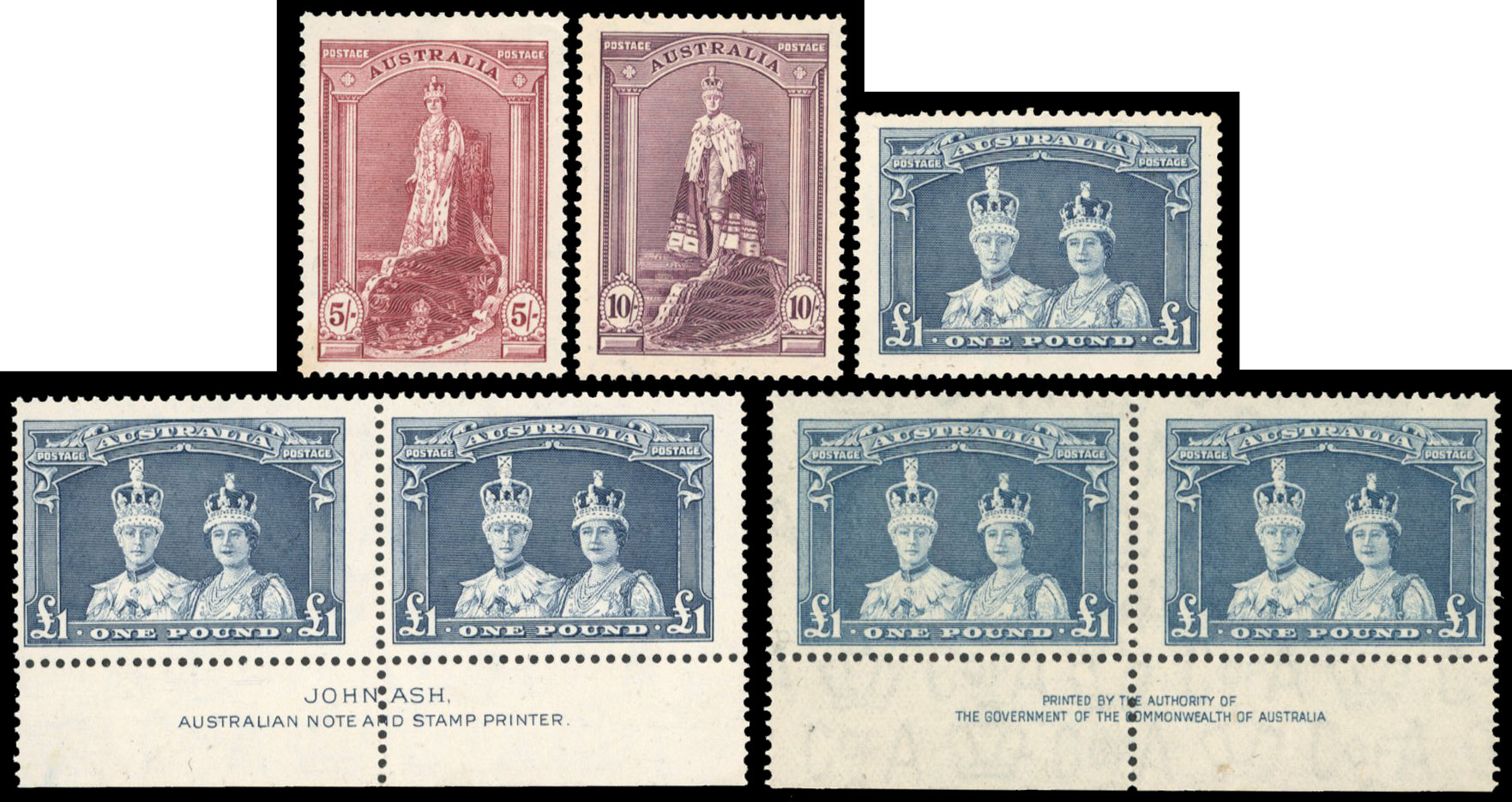 1937-49 Robes 5s, 10s and £1 set of 3, plus John Ash imprint lower left marginal imprint blocks of 4 of 5s 9both), 10s and £1