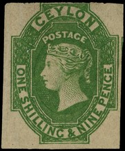 1859 1/9d yellow-green imperforate, three good to large margins but trimmed at top, fine unused; very good colour and...