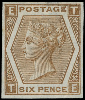 1872 6d Pale chestnut Pl.12. Very fine unused imperforate imprimatur lettered TE. Scarce one of only 21 possible example…
