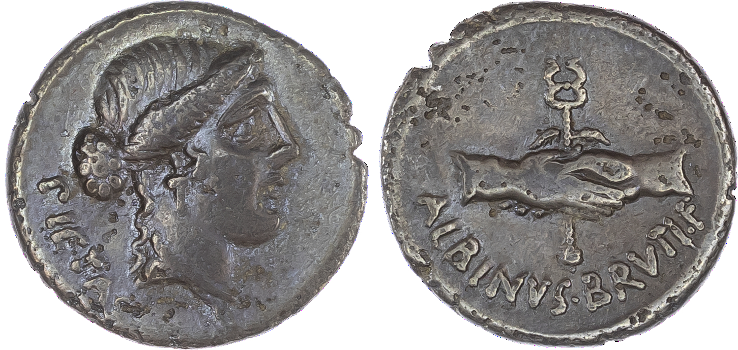 Albinus Bruti f. (48 BC) AR Denarius, Rome, 3.48g. PIETAS, head of Pietas facing right. Rev. ALBINVS•BRVTI•F, clasped hands