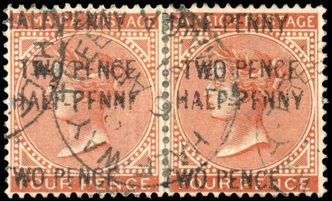 Jamaica 1891-91 2½d on 4d red-brown, pair, surcharge double and other varieties, SG 30b,c, & 30b,ca