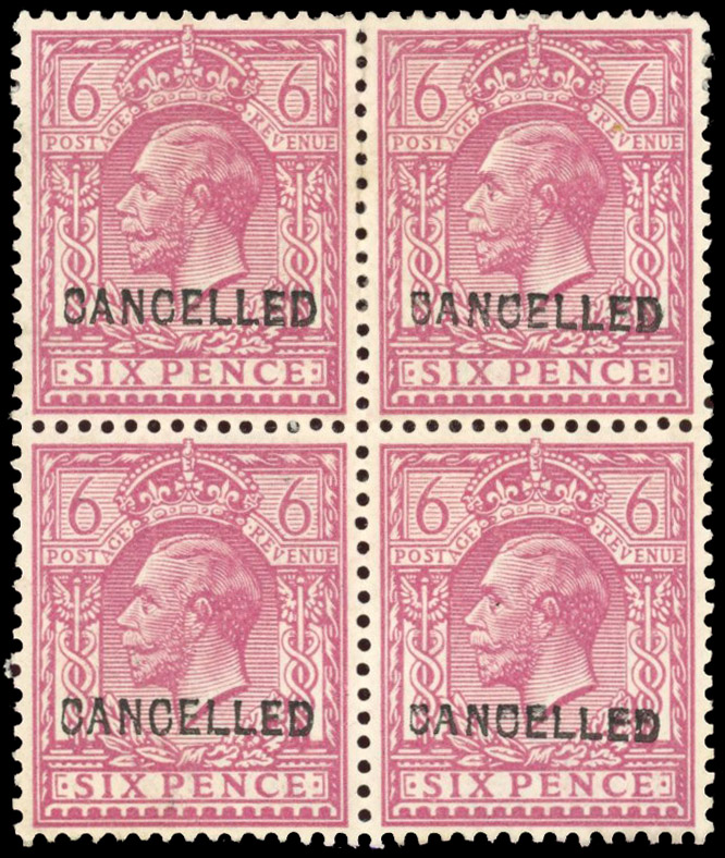 GB SG 385 1913 6d CANCELLED block