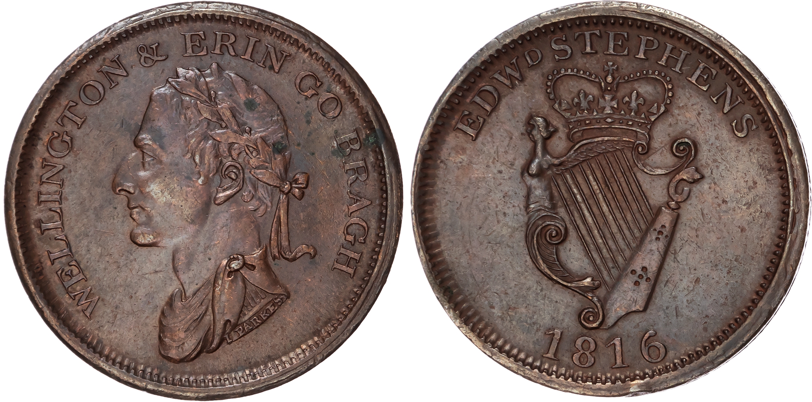 DUBLIN, Co. Dub. Edward Stevens Penny 1816, Laureate and draped bust of Wellington left, rev. Crowned Irish ha…