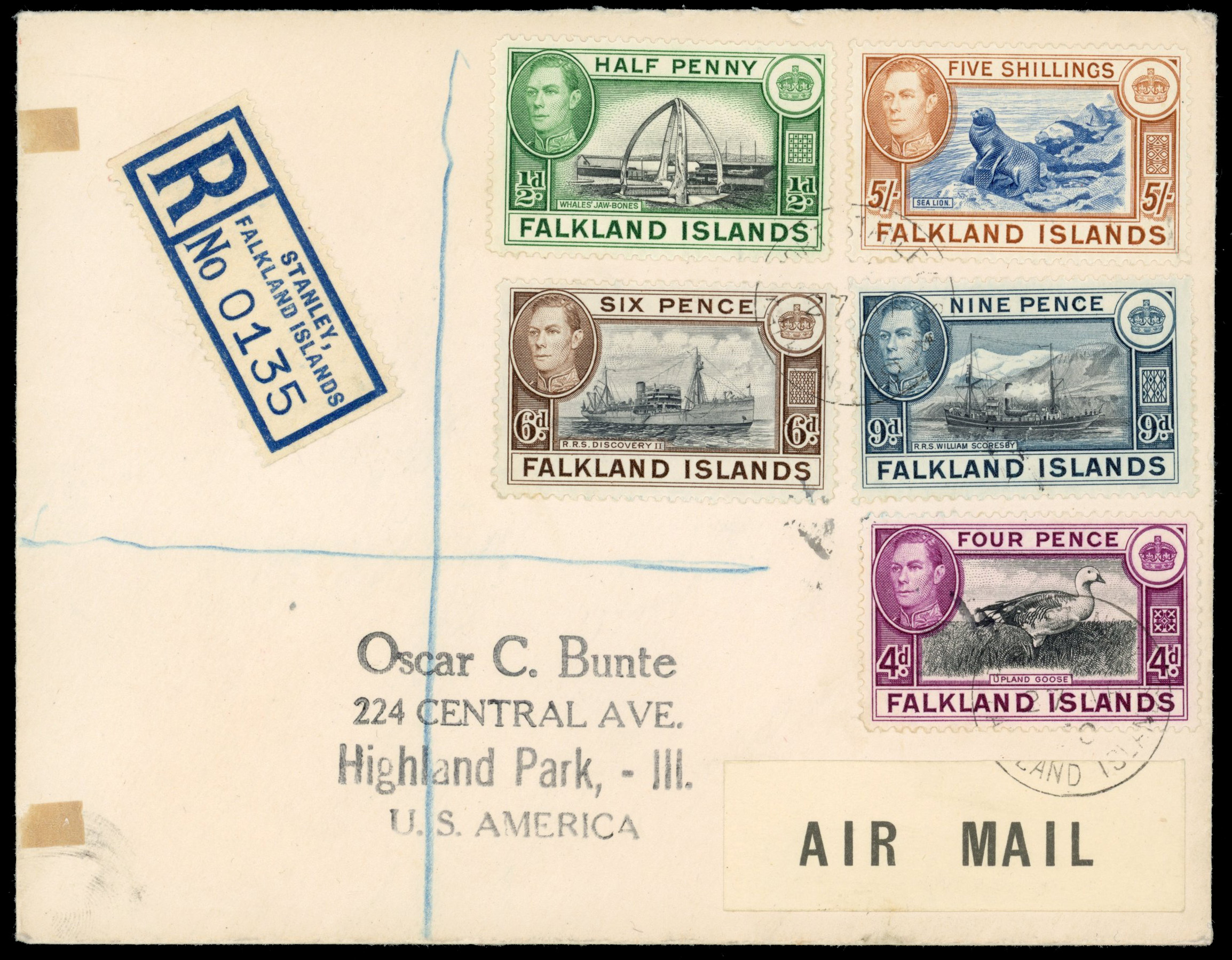 Falkland Islands 1950 registered cover to USA with five KGVI values