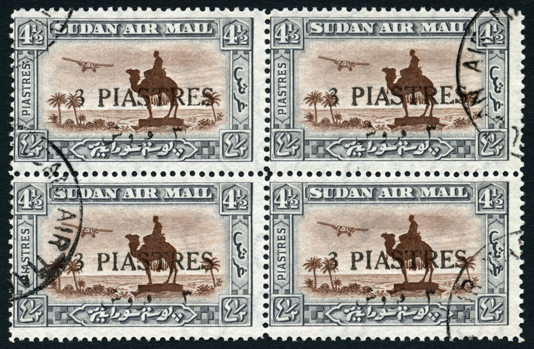 1935 3p on 4½p red-brown and grey airmail stamp, used block of four with four part Air Mail CDSs.  Centred left.  SG 71,...