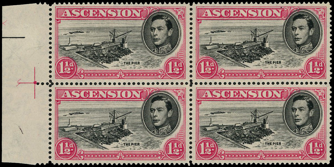 Ascension SG40da 1949 1½d black and rose-carmine, perf 14.  Positional block of four with R5/1 davit flaw, 