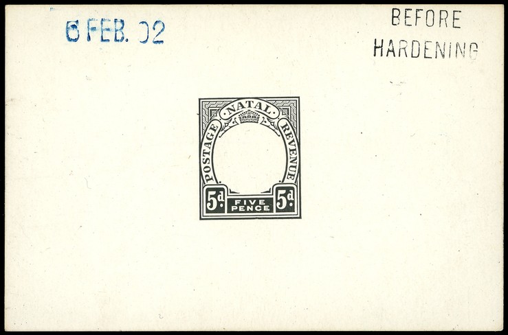 1902 Die Proof of 5d Duty Plate in black on glazed card 93 x 60mm, dated 6 FEB. 02 in blue and marked BEFORE HARDENING. ...