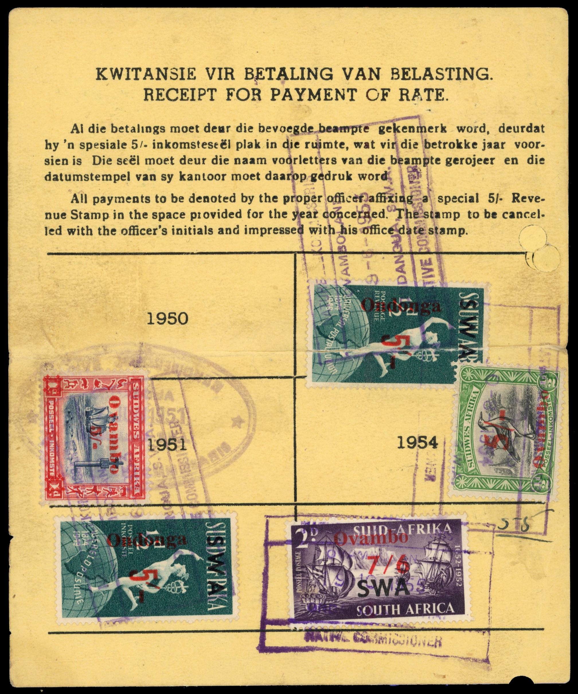 South West Africa. Tribal Taxes; Ovambo. Registration card with payments for 1951-1955