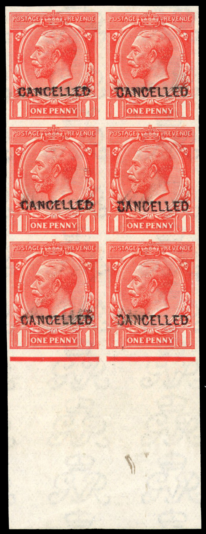 1912 1d Scarlet-vermilion (Wmk. Royal Cypher). Bottom marginal unused imperforate block 'Cancelled'