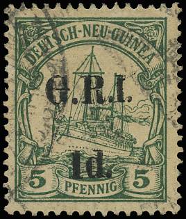 NEW GUINEA SG 2a 1914-15 1d ON 5pf GREEN '1' FOR 'I' USED