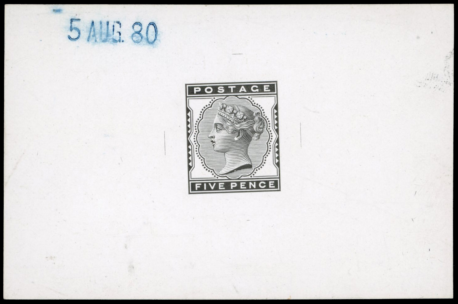 GB 1880-81 5d die proof, printed in black on white glazed card, For SG 169