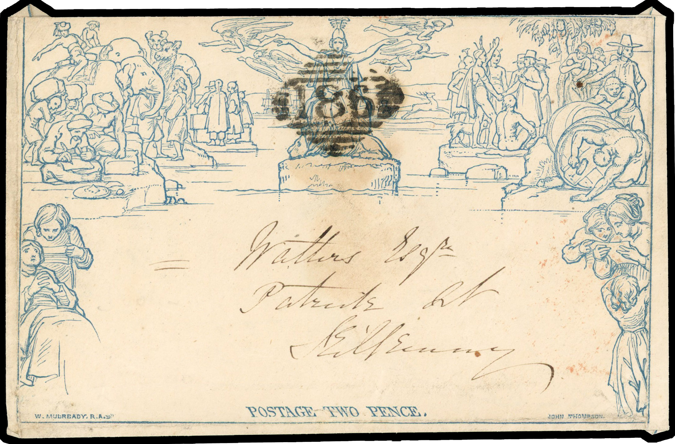 1840  Mulready 2d envelope, 'a198', used locally, cancelled ‘186’ obliterator for Kilkenny, opening faults still tive ME3