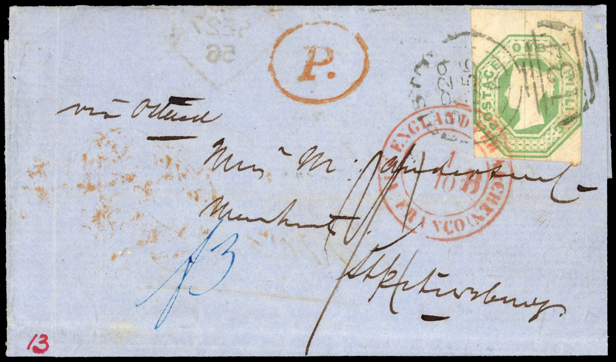 GB 1847-54 embossed 1s green on 1856 turned cover (stamp removed) to St. Petersburg, Russia