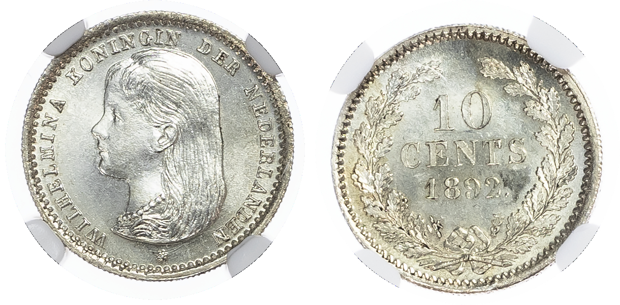 Netherlands. Wilhelmina AR 10 Cents. 1892. 