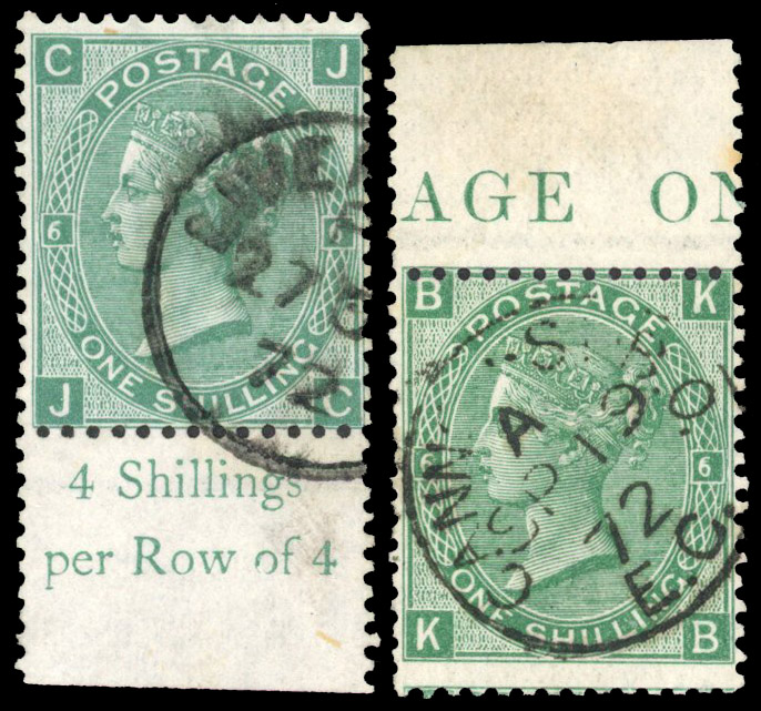 1872 1s Green Pl.6 plate number varieties lettered JC (doubled at left) and KB (doubled at right)