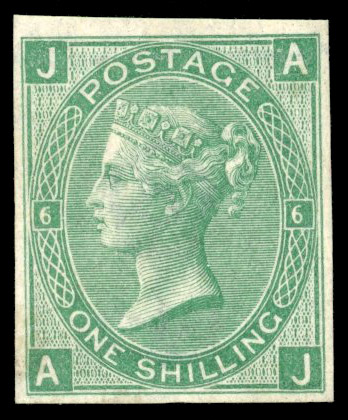 GB 1867-80 1s green, Pl. 6 (AJ), imperforate imprimatur, SG 117var