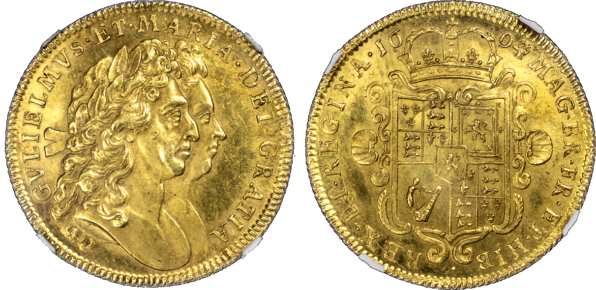 William and Mary (1689‑94), Two Guineas, 1694/3 conjoined busts right, NGC MS63